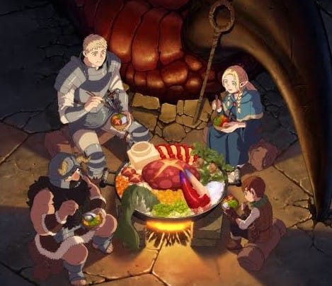 "Delecious in the dungeon" main characters having a dungeon monster feast in the dungeon