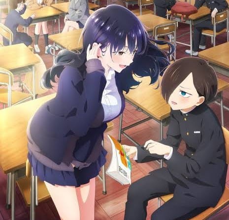 "The Dangers in My Heart" anime featuring the male and female protagonists. The boy sits on a classroom bench while yamada leans in close, implying a moment of connection.