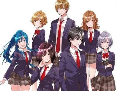 "Tomozaki kun" featuring the main characters along with their classmates